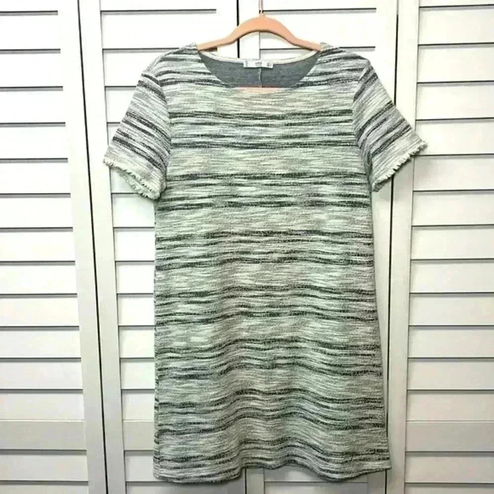 Mango MNG Basics Striped Textured Fringe Sleeve Shift Dress Size Medium
